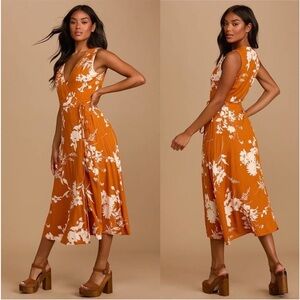 Lulu’s Best Day Yet Rust Orange Floral Print Midi Wrap Dress Medium Sleeveless